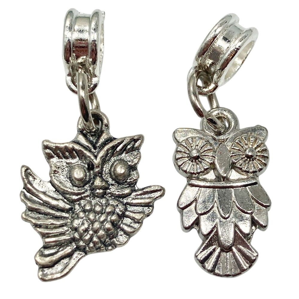 Vtg Owl European Slider Charm Lot of 2 Charms Bundle Silver Tone For Bracelet